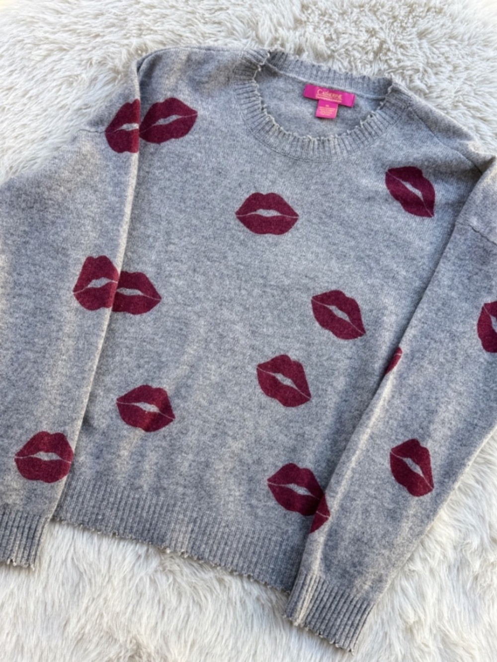 Soft Catherine Malandrino 100% Cashmere Kiss Print Sweater Gray Luxury Knit | XL